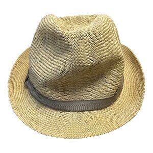 Vintage HBY Miami Straw Fedora Hat – Size L – Natural Woven with Brown Herringbo